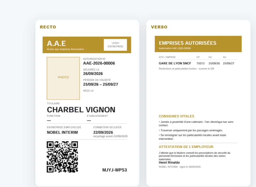 Exemple réel d'un badge AAE recto et verso avec QR code, emprises autorisées et attestation de l'employeur
