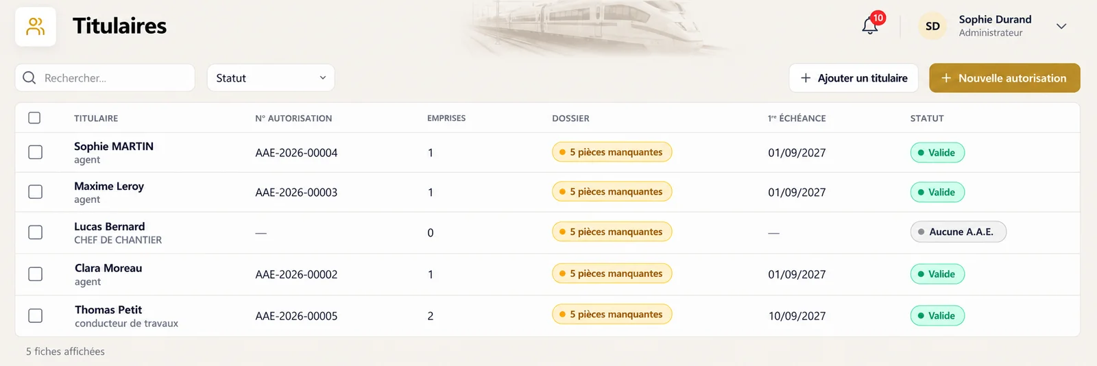 Capture de l'espace entreprise AAE montrant le suivi des titulaires, autorisations, emprises, échéances, dossiers et statuts