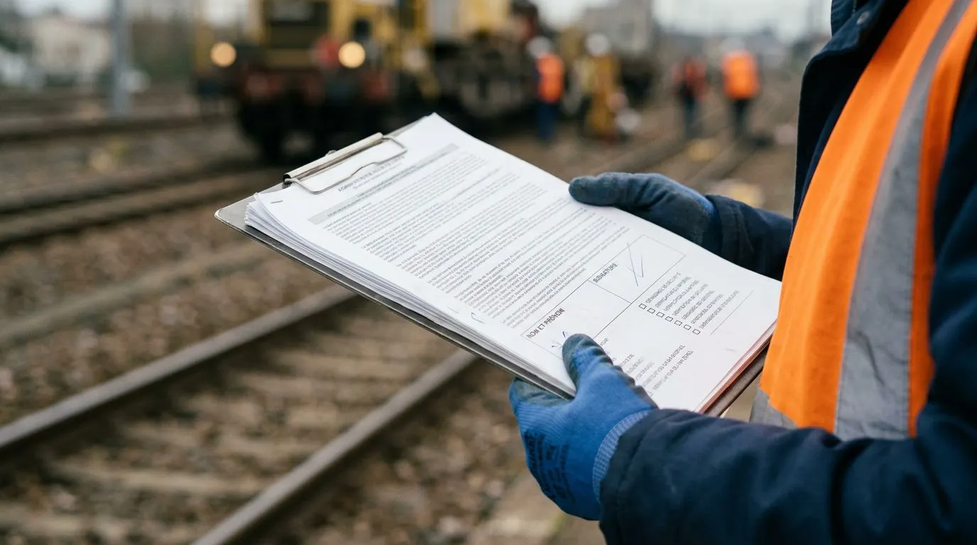 Imprimé de sécurité ferroviaire renseigné sur un porte-bloc, tenu par un opérateur en gilet haute visibilité au bord de la voie