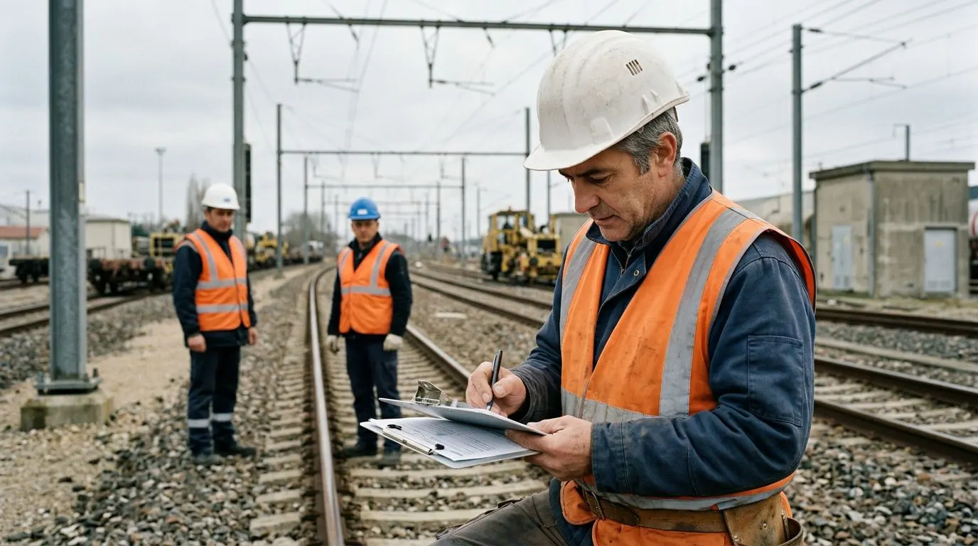 Encadrant ferroviaire vérifiant et signant un imprimé sur un porte-bloc avant d'engager la zone, deux opérateurs en attente