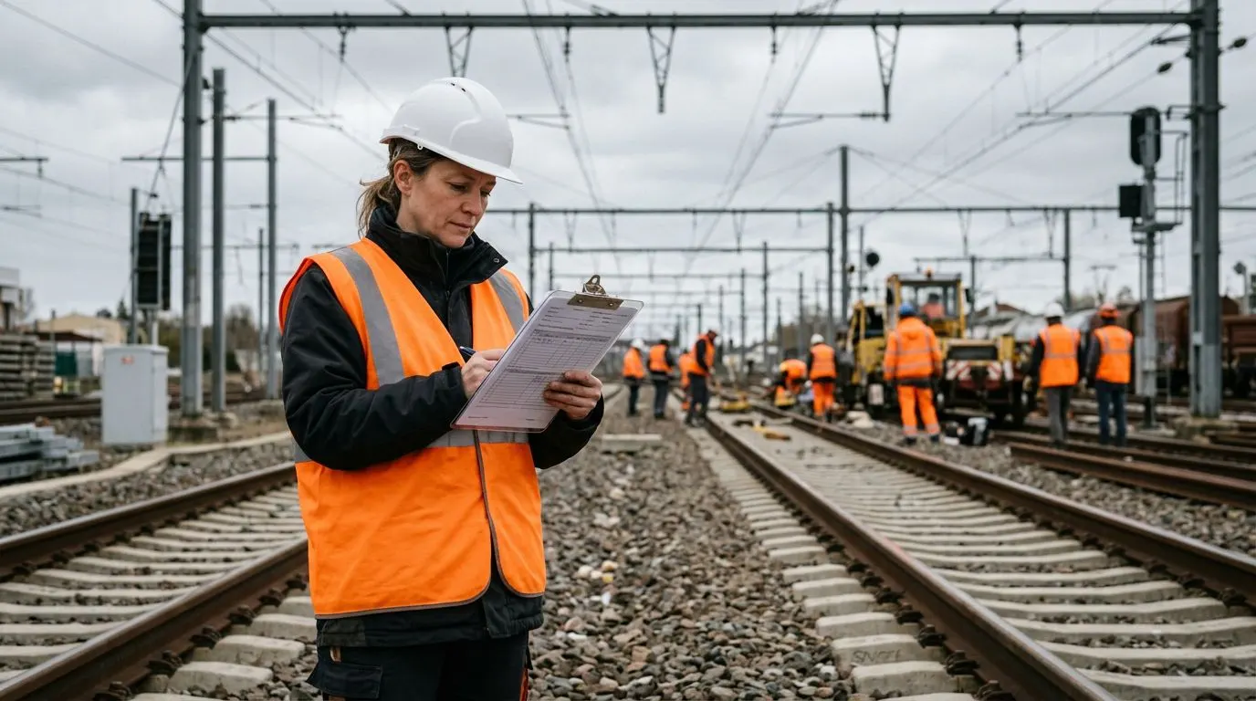Encadrant de chantier ferroviaire vérifiant des imprimés de sécurité sur une voie sous caténaire