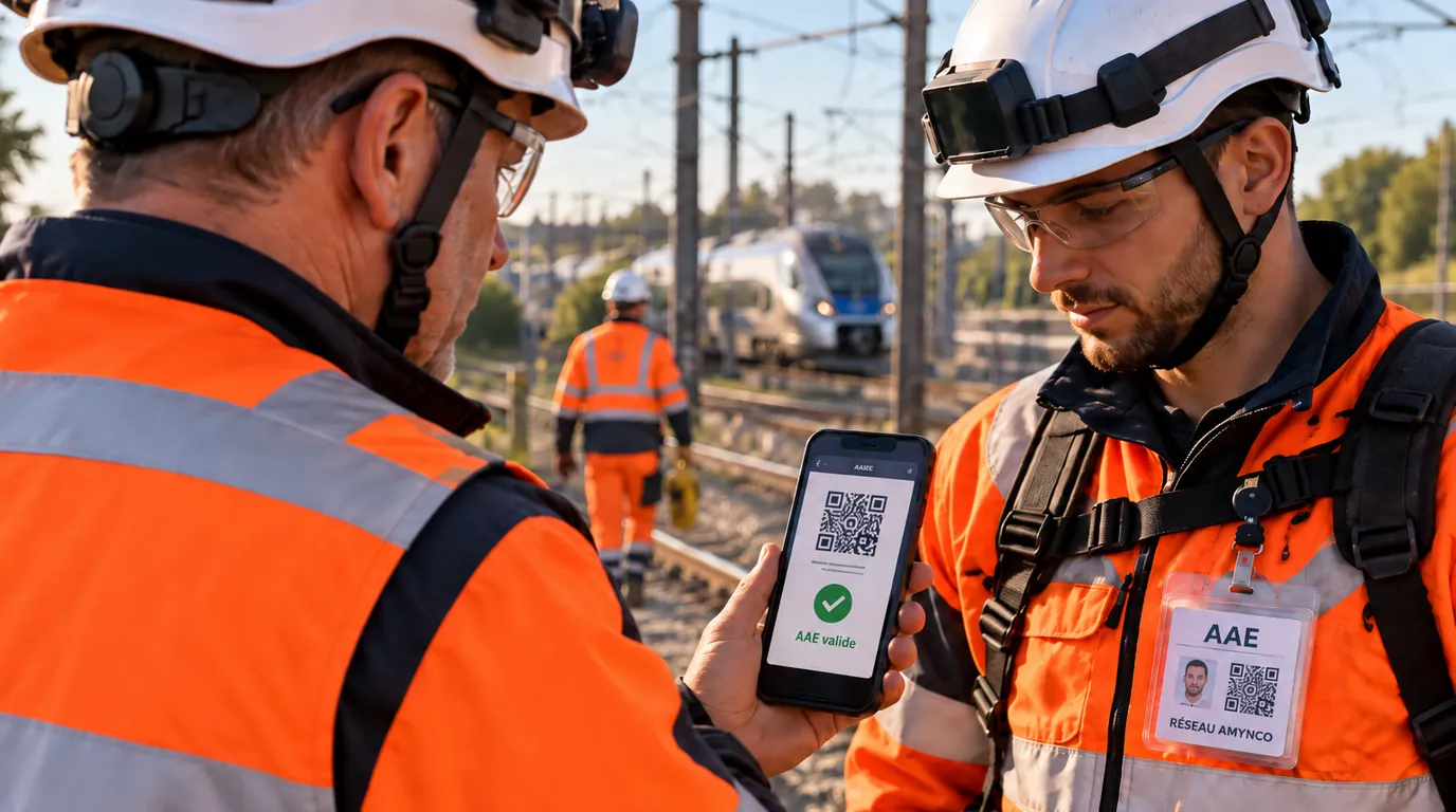 Contrôle d'une AAE dématérialisée au bord des voies : un agent scanne au smartphone le QR code du badge AAE d'un collègue, l'écran affiche AAE valide