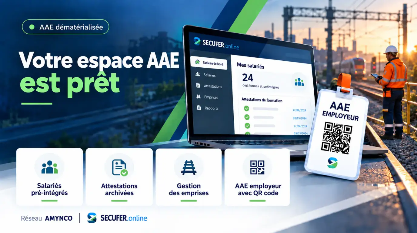 Cette image est un visuel publicitaire pour SECUFER.online présentant un service de dématérialisation des attestations d'accès ferroviaires (AAE). Elle met en avant un ordinateur portable, un badge à QR code et quatre fonctionnalités clés (gestion des salariés, attestations et emprises) sur fond de chantier ferroviaire.