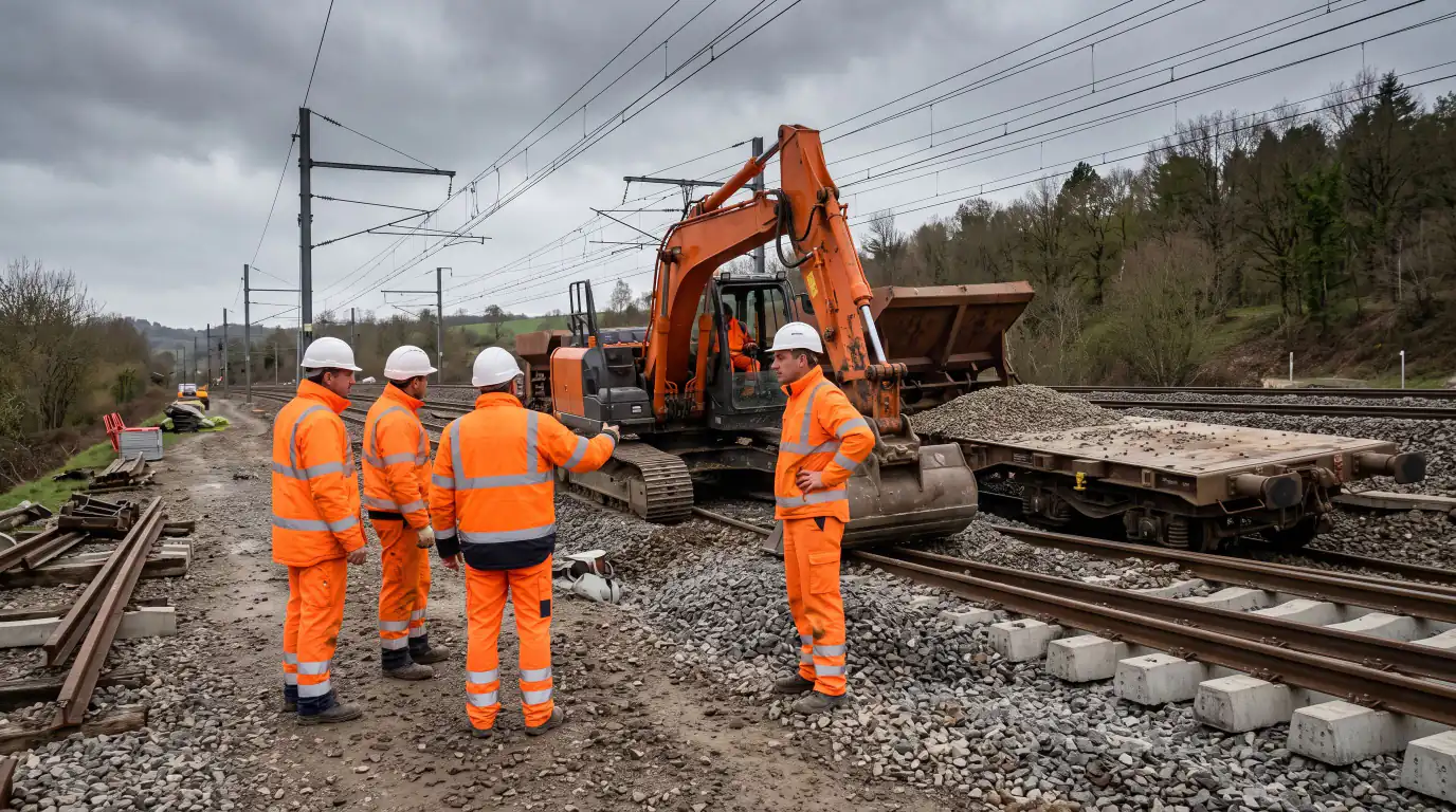 Des travailleurs regroupés sur un site ferroviaire pour réparer des rails endommagés.
