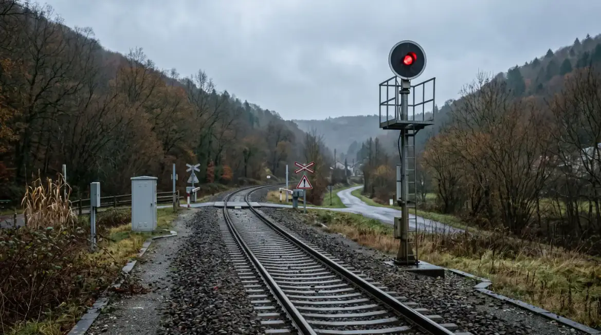 Voie unique déserte en vallée boisée, signal lumineux au rouge en bordure de voie