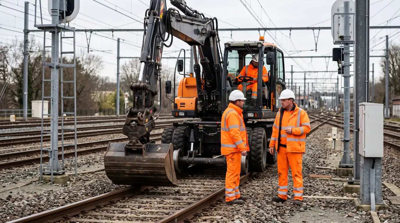 Travailleurs en gilets orange discutant sur un chantier ferroviaire