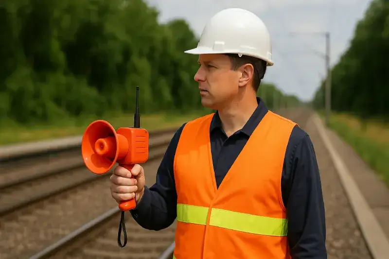Agent équipé d'un dispositif d'annonce sonore pour alerter les travailleurs de l'approche d'un train