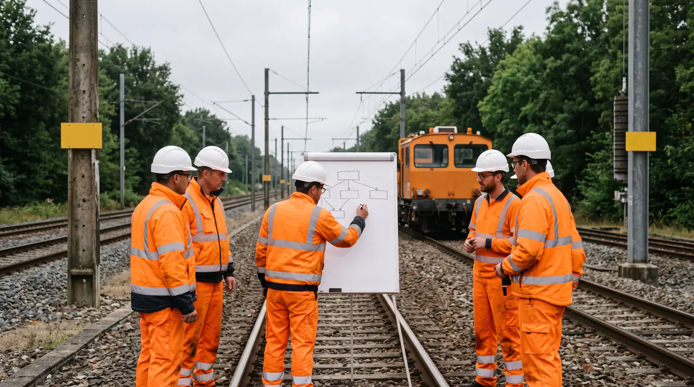 Cette image montre un groupe d'ouvriers ferroviaires en tenue de sécurité réunis de façon absurde au milieu de rails pour étudier un schéma dessiné sur un paperboard.