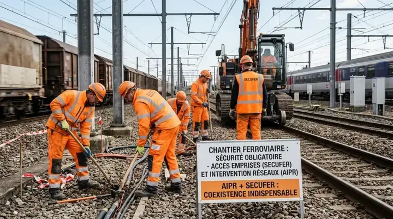 Intervenants en emprise ferroviaire sur chantier, sujet AIPR et Secufer