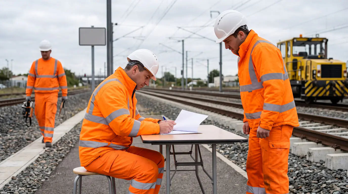 On retrouve une scène similaire sur un chantier ferroviaire, avec deux agents en uniforme orange et casque blanc installés autour d'une table pliante au bord des voies : l'un est assis et remplit un document, tandis que l'autre se tient debout à ses côtés. En arrière-plan, un troisième technicien marche en portant du matériel, et un engin de chantier jaune (draisine ou locotracteur) est stationné sur les rails sous un ciel gris.