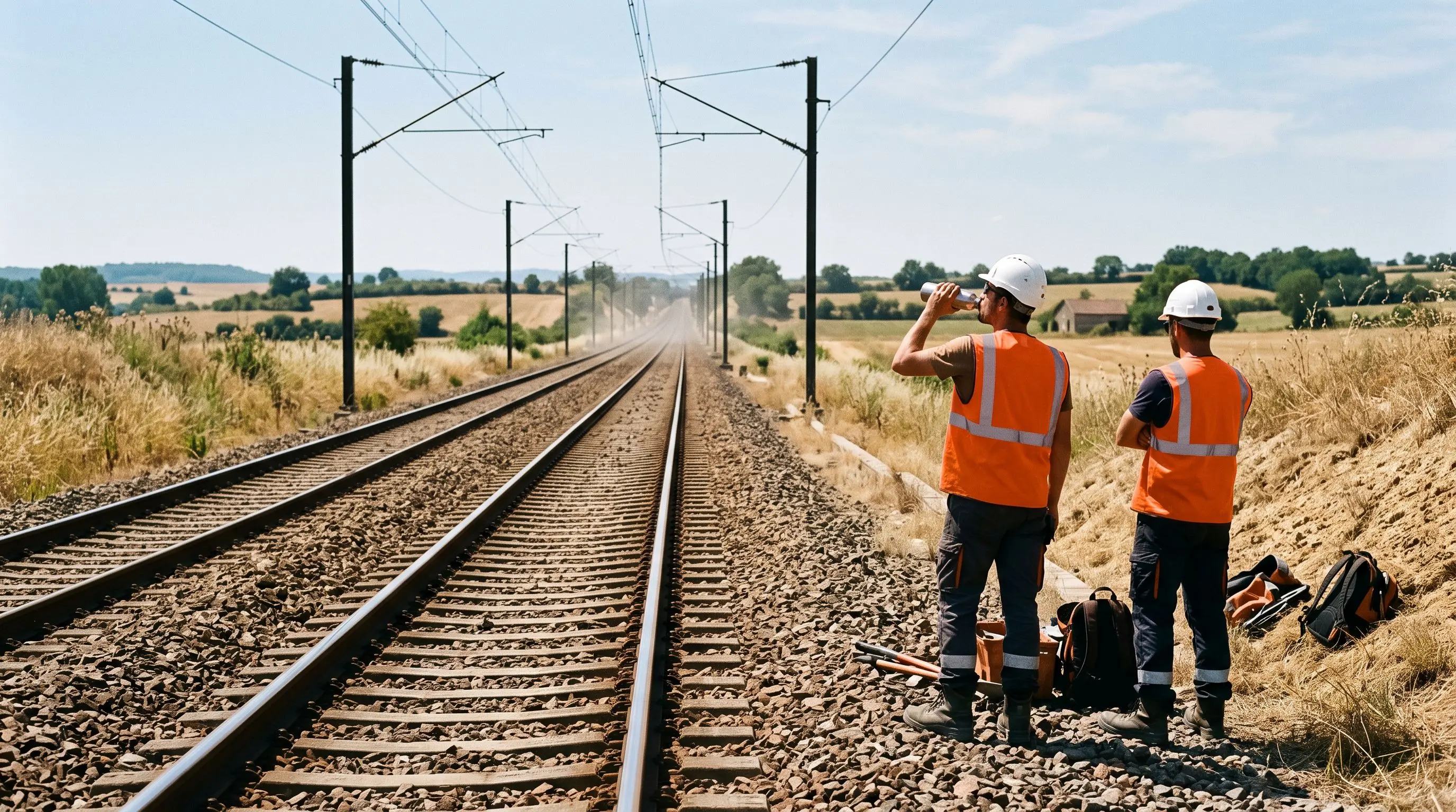 Voie ferrée sous forte chaleur : rails brillants, talus d'herbes sèches et agents en gilets orange s'hydratant