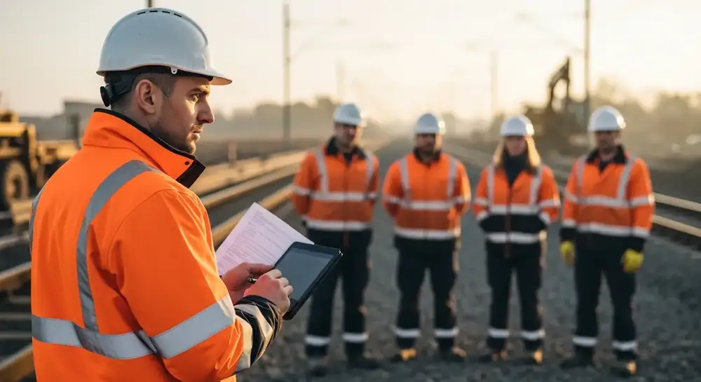 Responsable QHSE vérifiant les habilitations d'une équipe ferroviaire