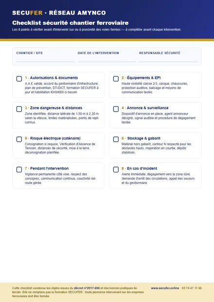 Aperçu de la checklist PDF : une page avec les 8 rubriques de sécurité à cocher