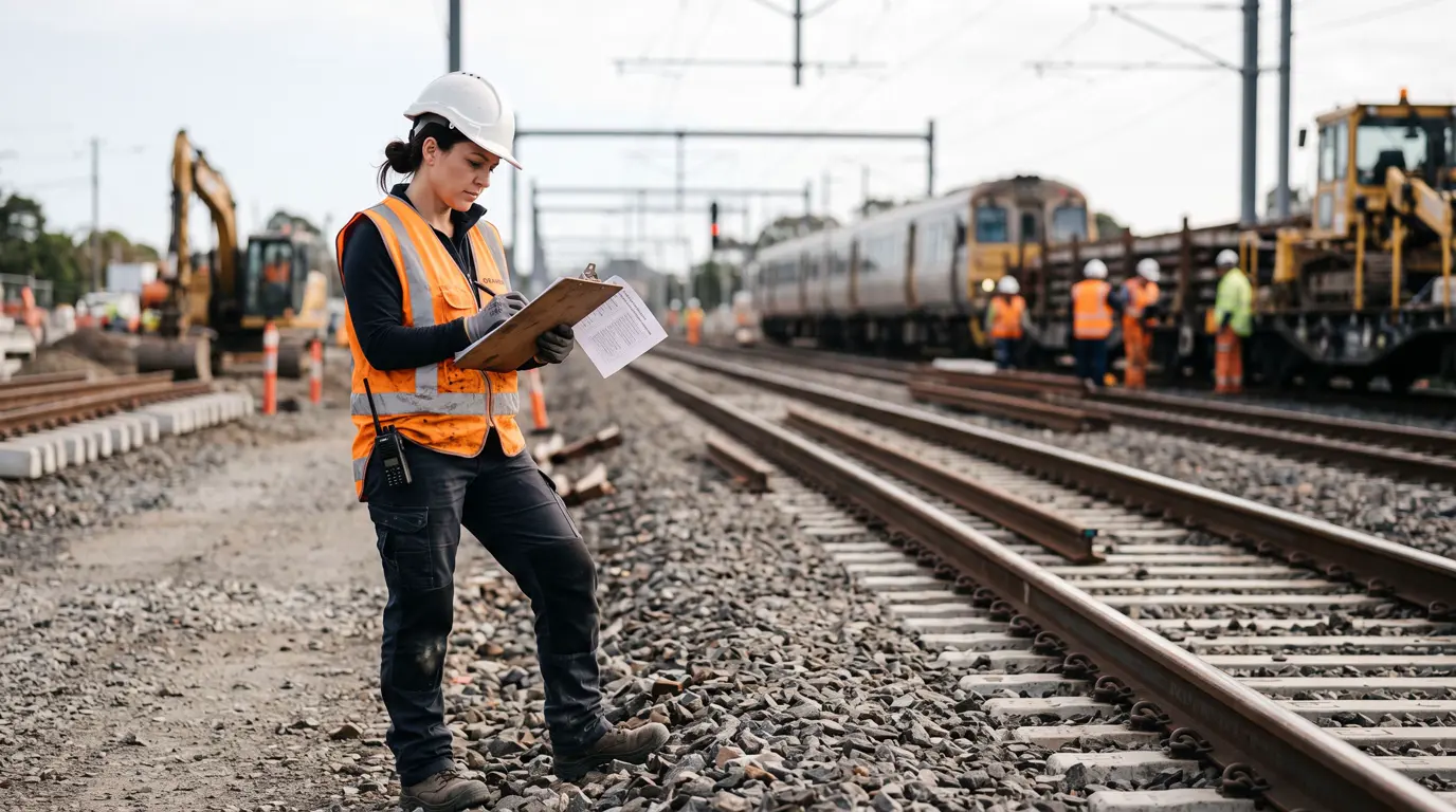 Encadrante en gilet orange et casque blanc complétant une checklist sur planchette, engins rail-route en arrière-plan
