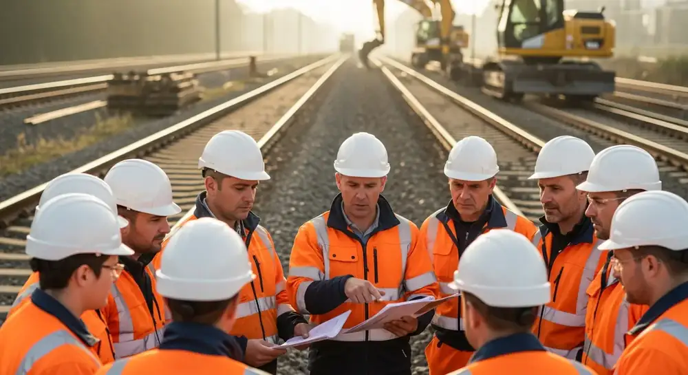 Briefing sécurité d'une équipe avant intervention sur emprise ferroviaire