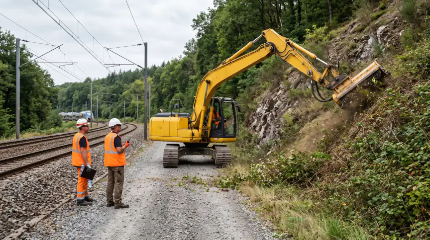 Débroussaillage mécanisé des abords d'une voie ferrée depuis la piste latérale