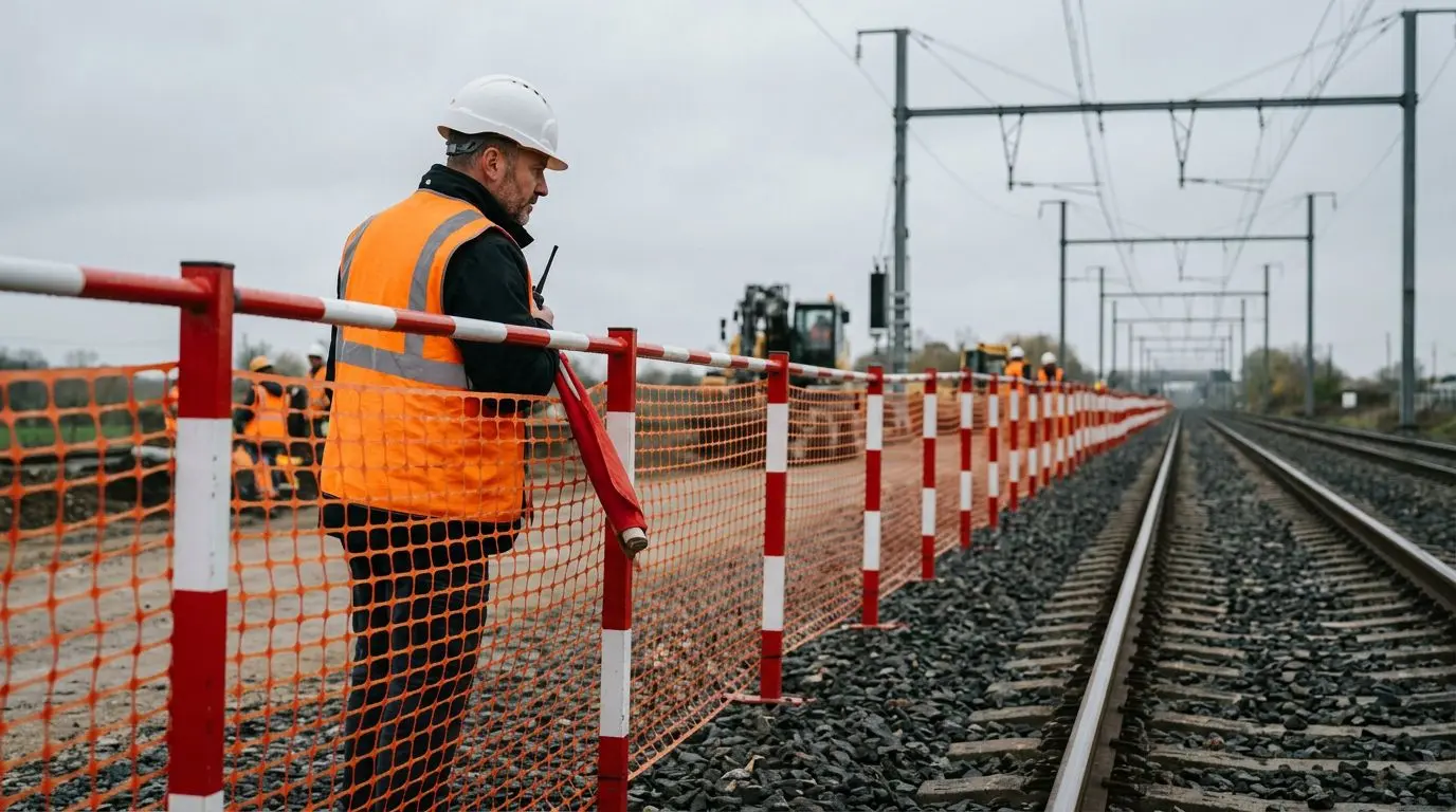 Agent en gilet haute visibilité orange derrière la délimitation de la zone dangereuse d'une voie ferrée, piquets rouge et blanc et filet de balisage
