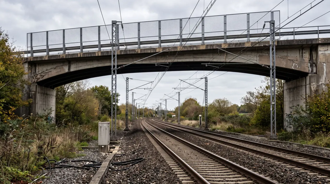 Écran de protection en rive d'un pont au-dessus d'une voie ferrée électrifiée sous caténaires