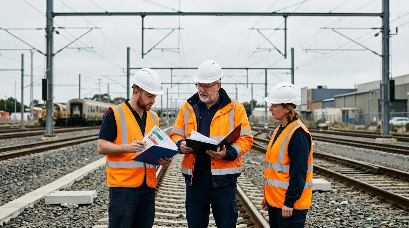 Encadrant d'entreprise intervenante en gilet haute visibilité orange vérifiant des documents de sécurité sur une emprise ferroviaire