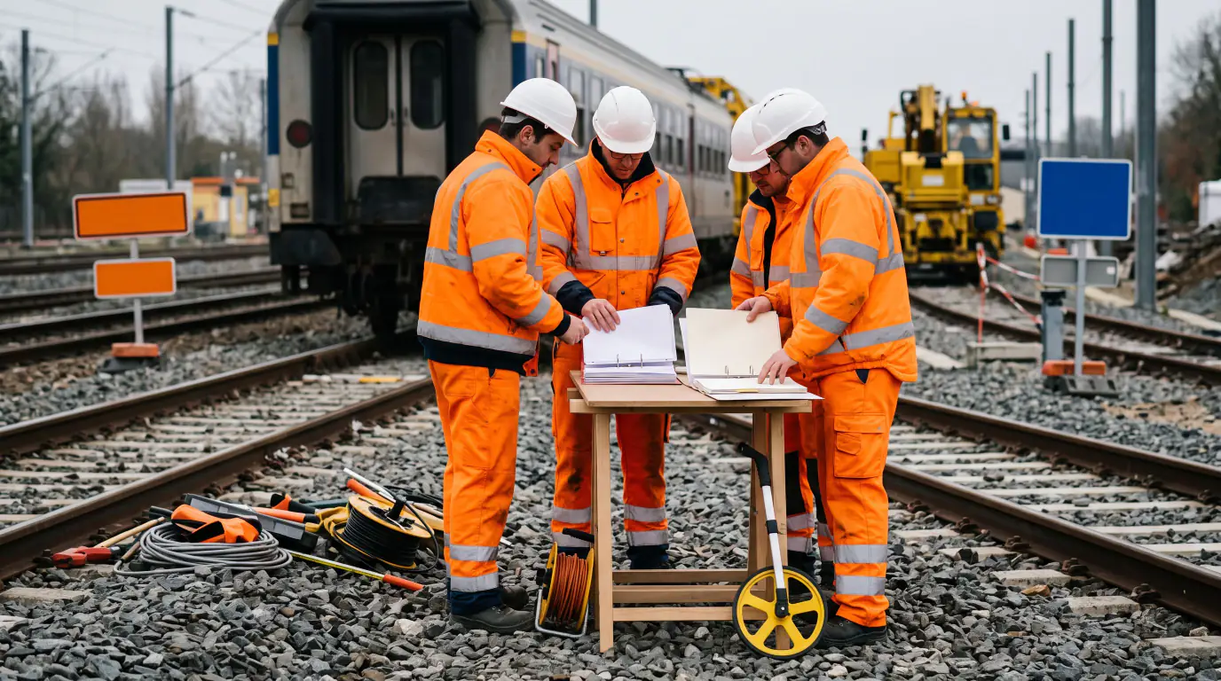 Encadrant d'entreprise intervenante en gilet haute visibilité orange vérifiant des documents de sécurité sur une emprise ferroviaire sous caténaire