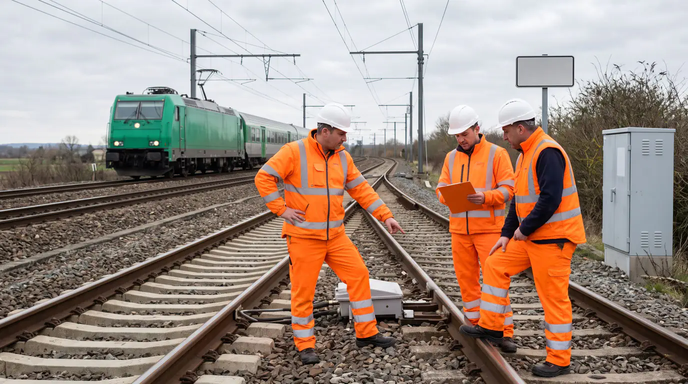 Trois agents de maintenance ferroviaire en tenue orange haute visibilité et casques de chantier inspectent un équipement sur des voies ferrées, tandis qu'un train vert circule en arrière-plan.