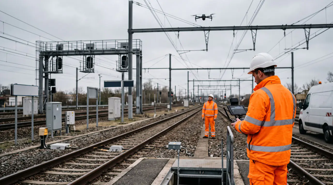 Deux agents de maintenance ferroviaire en tenue de sécurité orange utilisent un drone pour inspecter des voies ferrées et des caténaires.