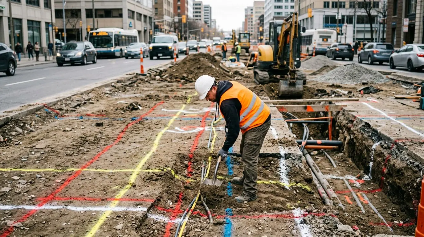 Terrassement à proximité de réseaux enterrés avec marquages au sol colorés et ouvrier en gilet haute visibilité orange