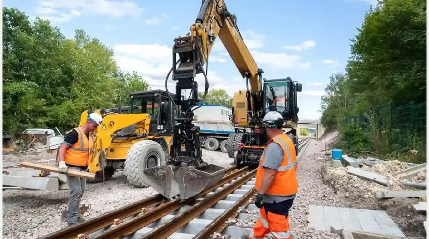Végétation dense en bordure de voie ferrée électrifiée, agents en gilets orange à proximité du chantier