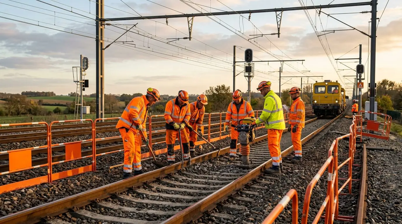 Équipe en intervention sur une emprise ferroviaire, gilets haute visibilité et caténaires