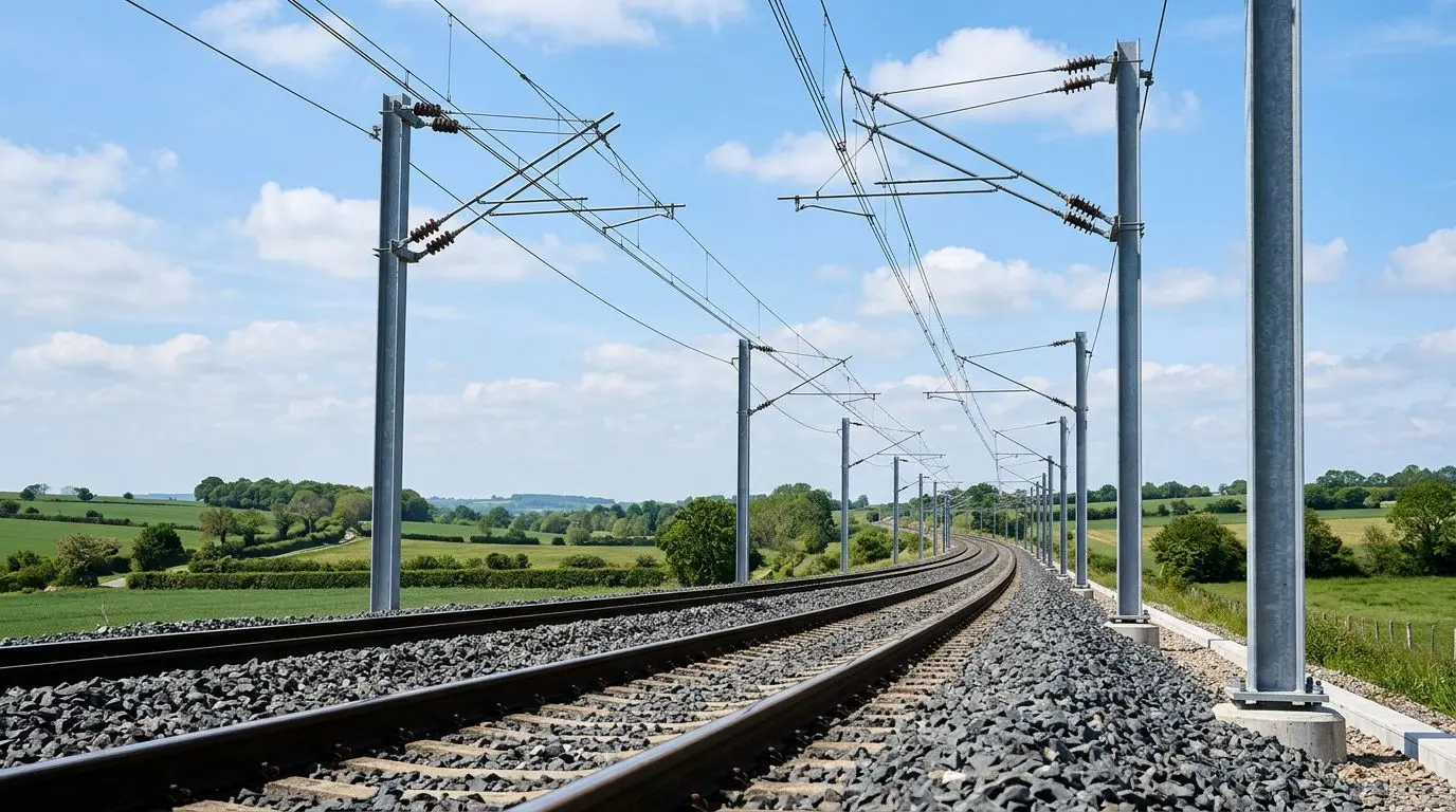 Caténaire 25 kV le long d'une voie ferrée : fil de contact et supports vus depuis la piste