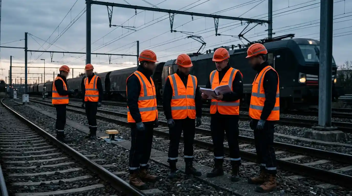 Équipe d'agents en gilets orange réunie sur les voies pour un point sécurité avant intervention en emprise ferroviaire