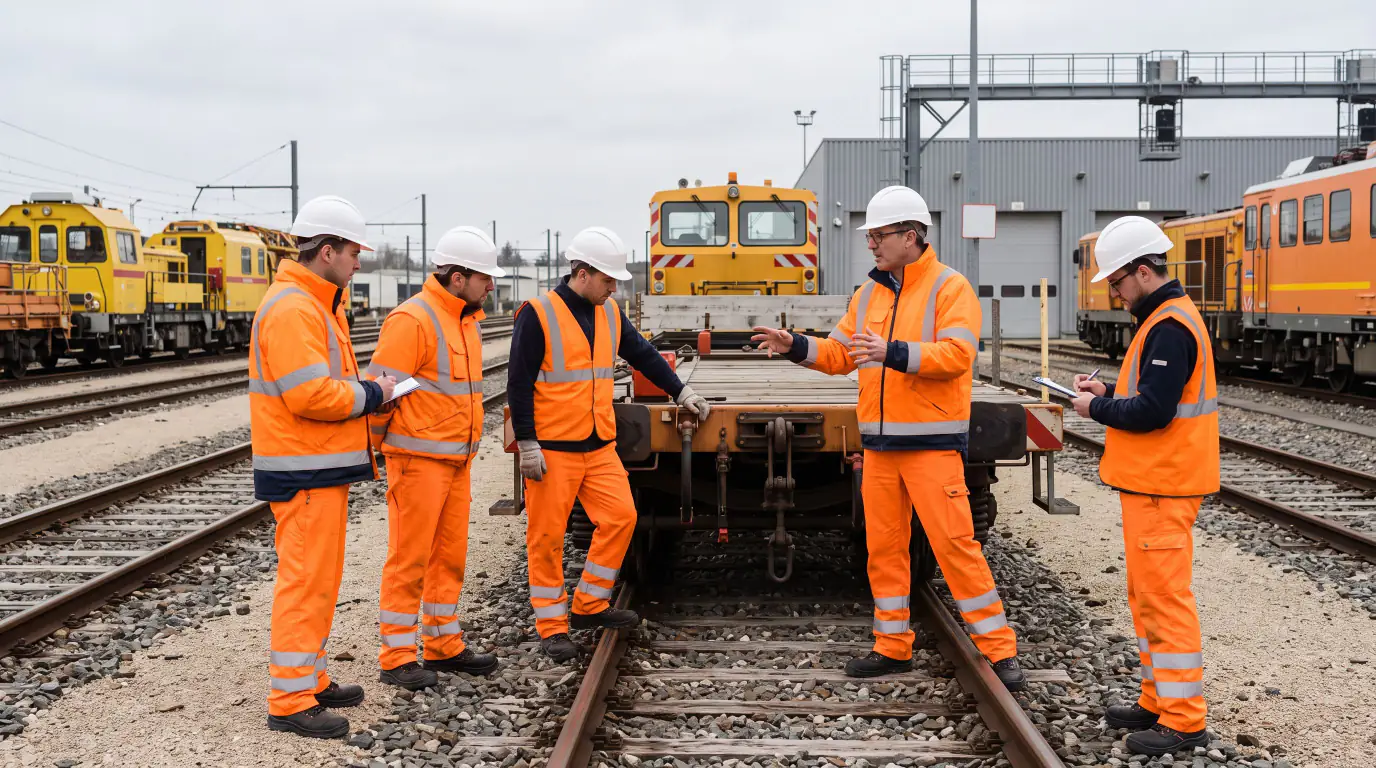 Un groupe de cinq techniciens ferroviaires en tenue de sécurité orange et casques blancs fait un briefing sur les rails d'un dépôt d'entretien.