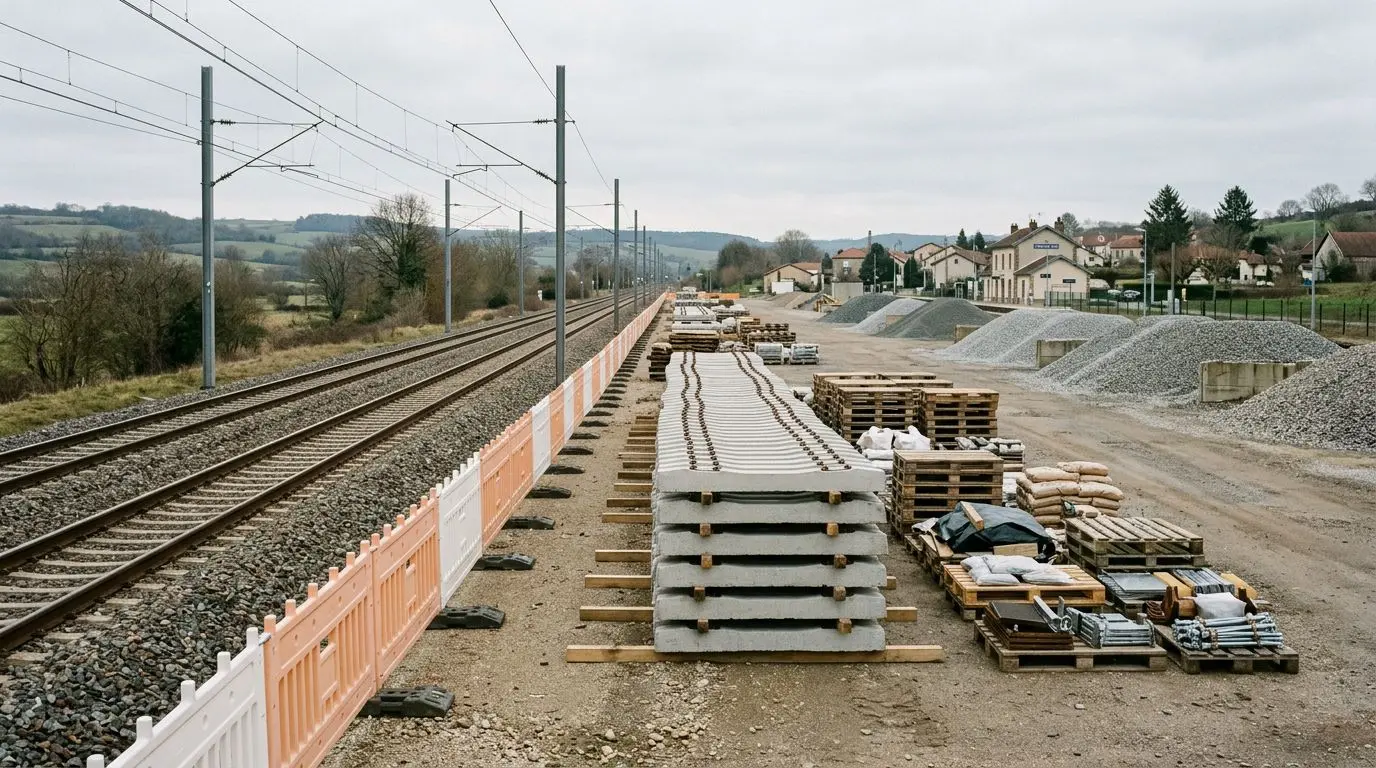 Zone de stockage de matériaux à distance de sécurité d'une voie ferrée, limite de gabarit matérialisée