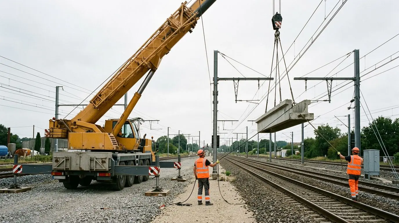 Grue mobile en levage à proximité d'une voie ferrée, élingueurs en gilets haute visibilité orange