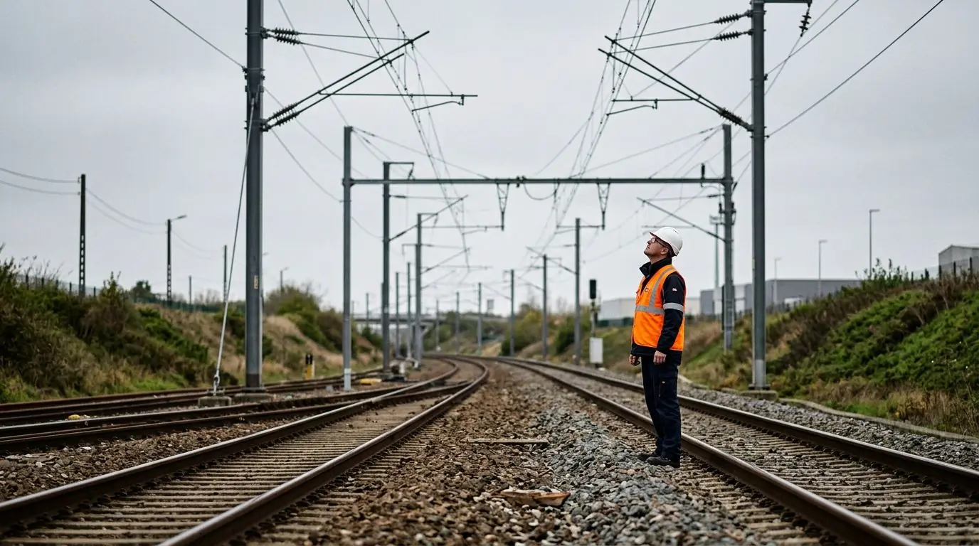 Ouvrier en gilet haute visibilité orange face à la caténaire électrique 25 kV sur une voie ferrée