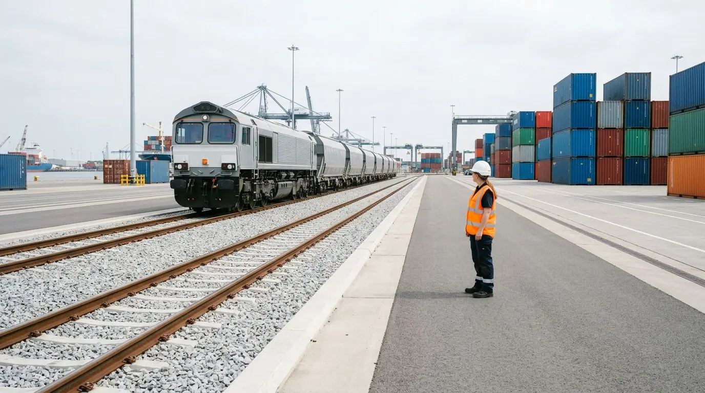 Embranchement ferroviaire privé en zone portuaire, superviseur en gilet haute visibilité orange