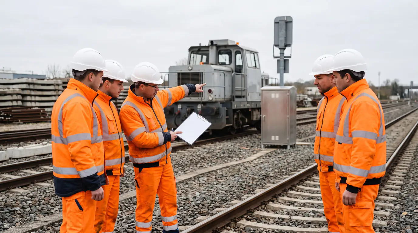 Un homme en orange et casque blanc explique des instructions à quatre autres personnes sur une voie ferrée, tandis qu'un train se trouve en arrière-plan.