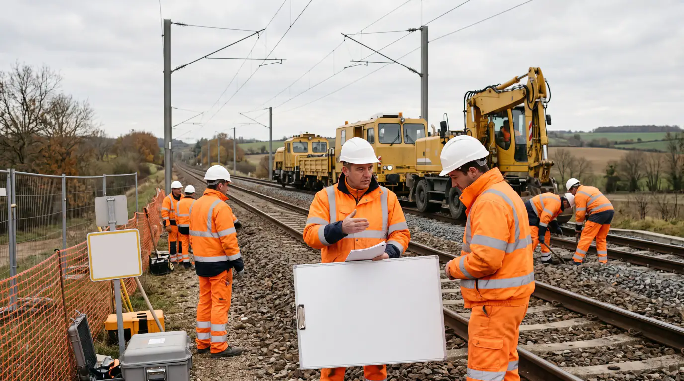 Une équipe d'agents ferroviaires en vêtements de sécurité orange et casques de chantier travaille sur un chantier de voies ferrées, avec des engins de chantier jaunes en arrière-plan.