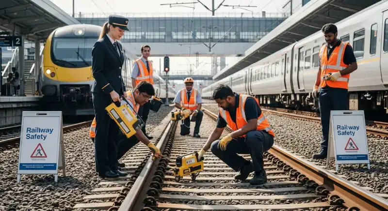 Équipe ferroviaire en réunion de sécurité avec équipements de protection