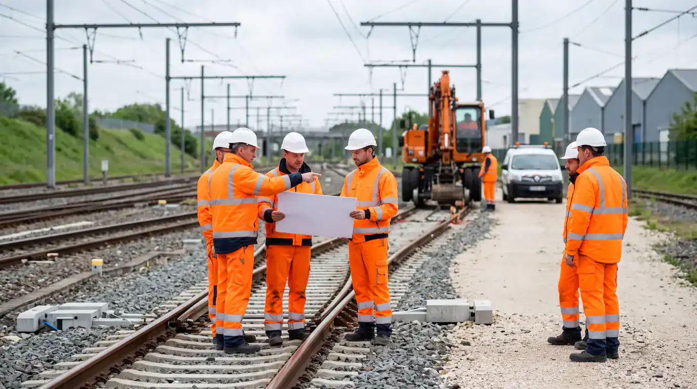 Équipe en gilets orange et casques réunie autour d'un plan posé sur la voie