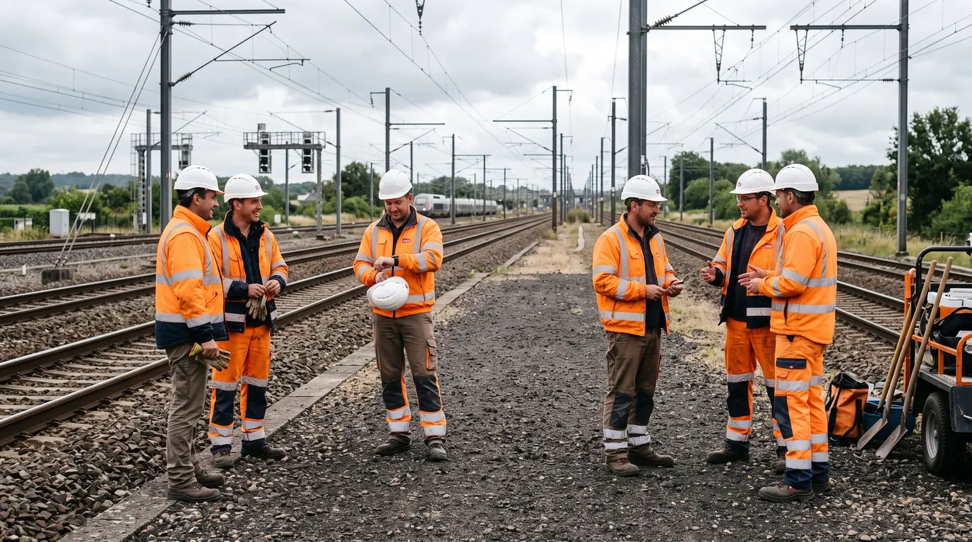 Agents en gilets orange réunis entre deux voies ferrées pour un échange imprévu, montre consultée au premier plan