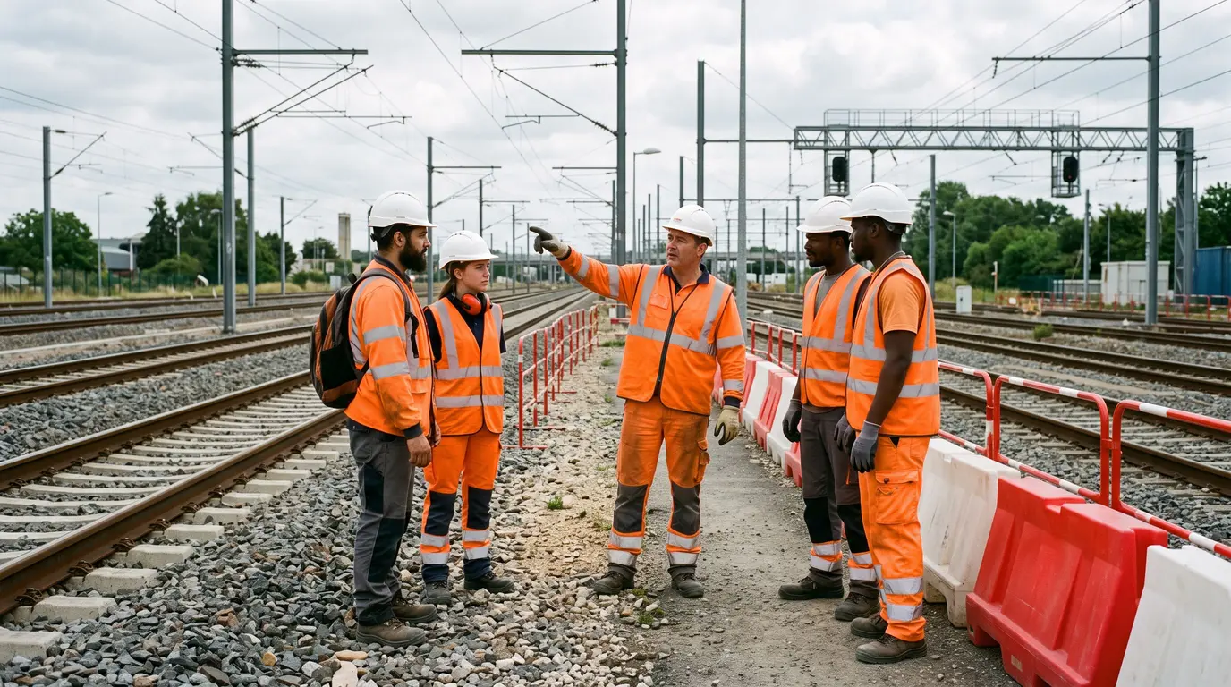 Équipe de travailleurs détachés en gilets haute visibilité orange sur une emprise ferroviaire française