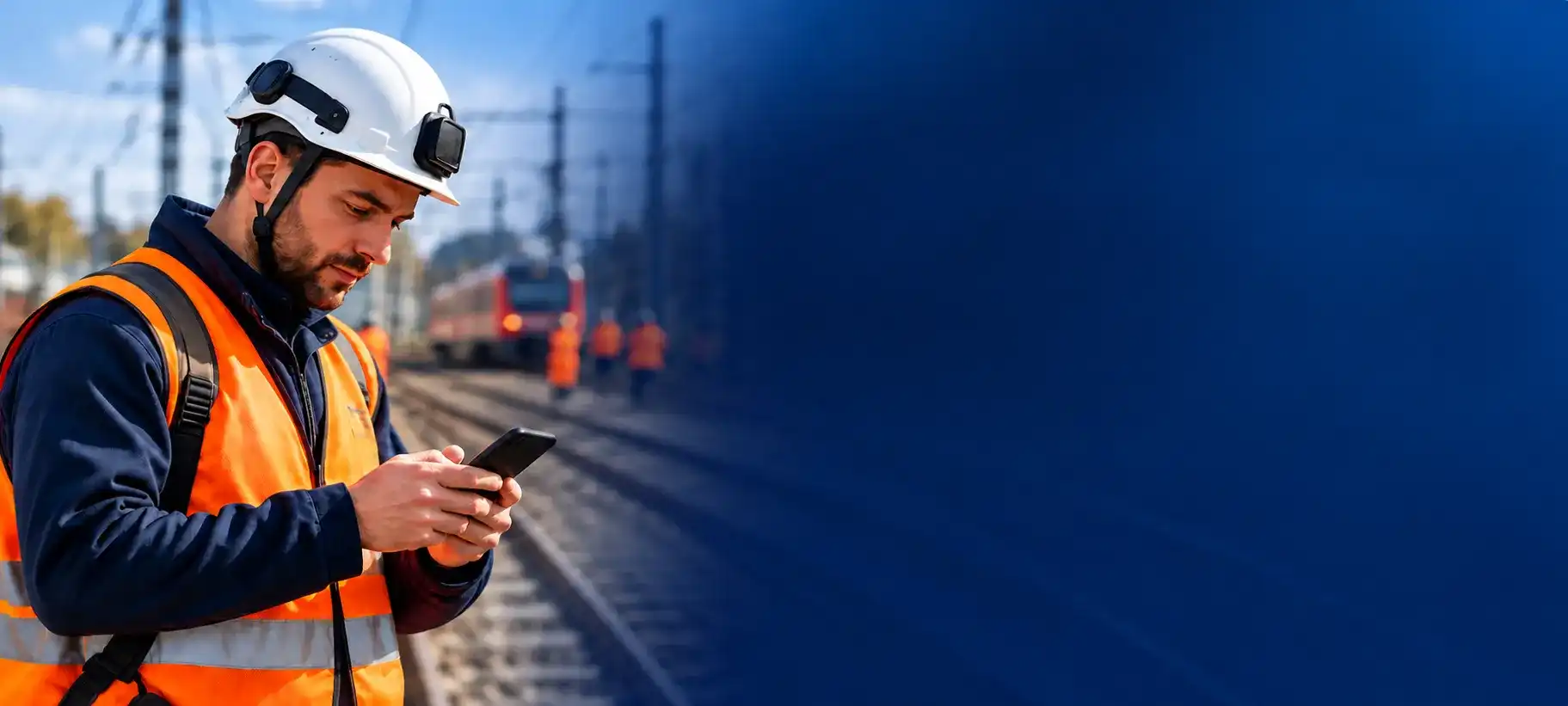 Agent ferroviaire consultant son smartphone au bord des voies