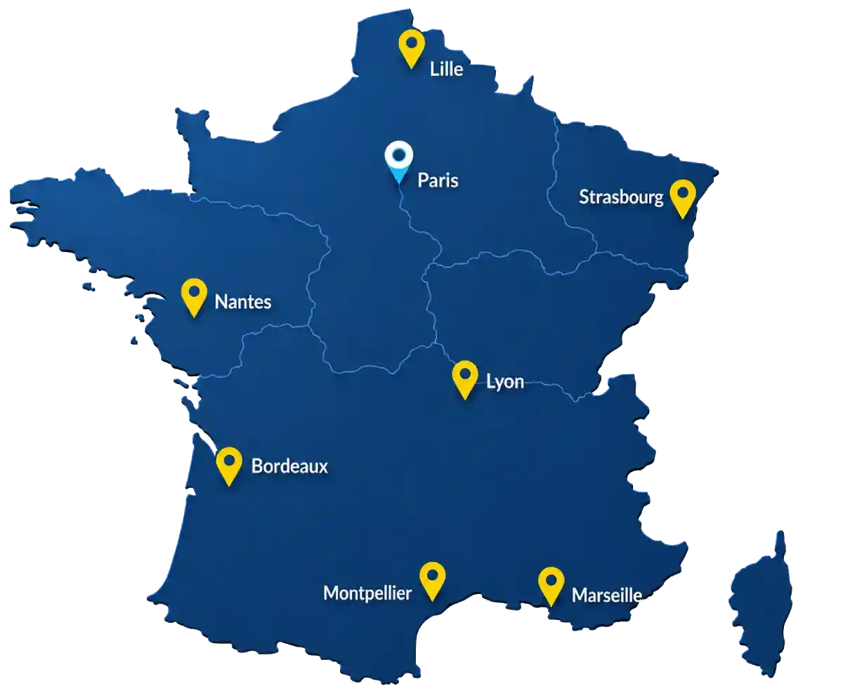 Carte de France des centres de formation SECUFER : Paris, Lille, Strasbourg, Nantes, Lyon, Bordeaux, Montpellier, Marseille