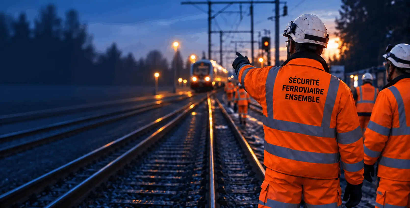 Encadrant en tenue haute visibilité orange désignant la voie à son équipe sur une emprise ferroviaire au crépuscule
