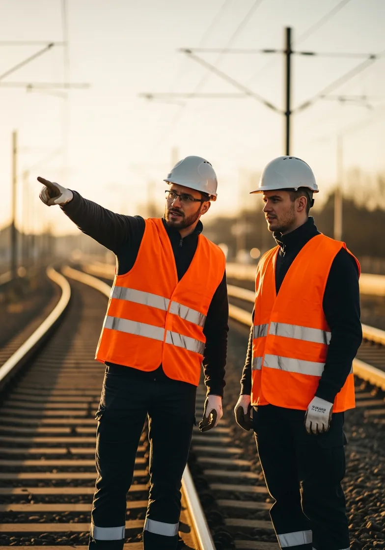 Équipe d'agents de sécurité ferroviaire en gilets orange en intervention sur une voie ferrée