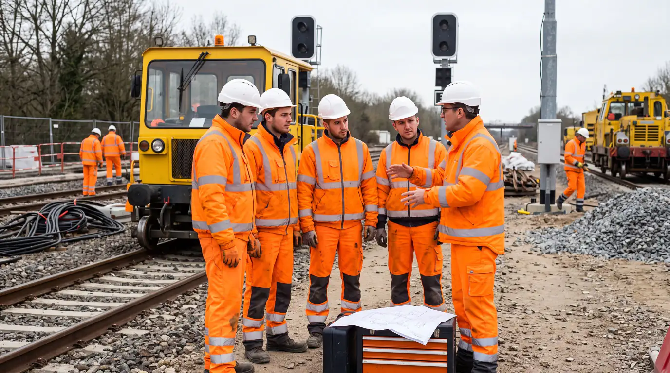 Un chef d'équipe donne des consignes à quatre ouvriers devant un plan, sur un chantier ferroviaire équipé d'engins jaunes.