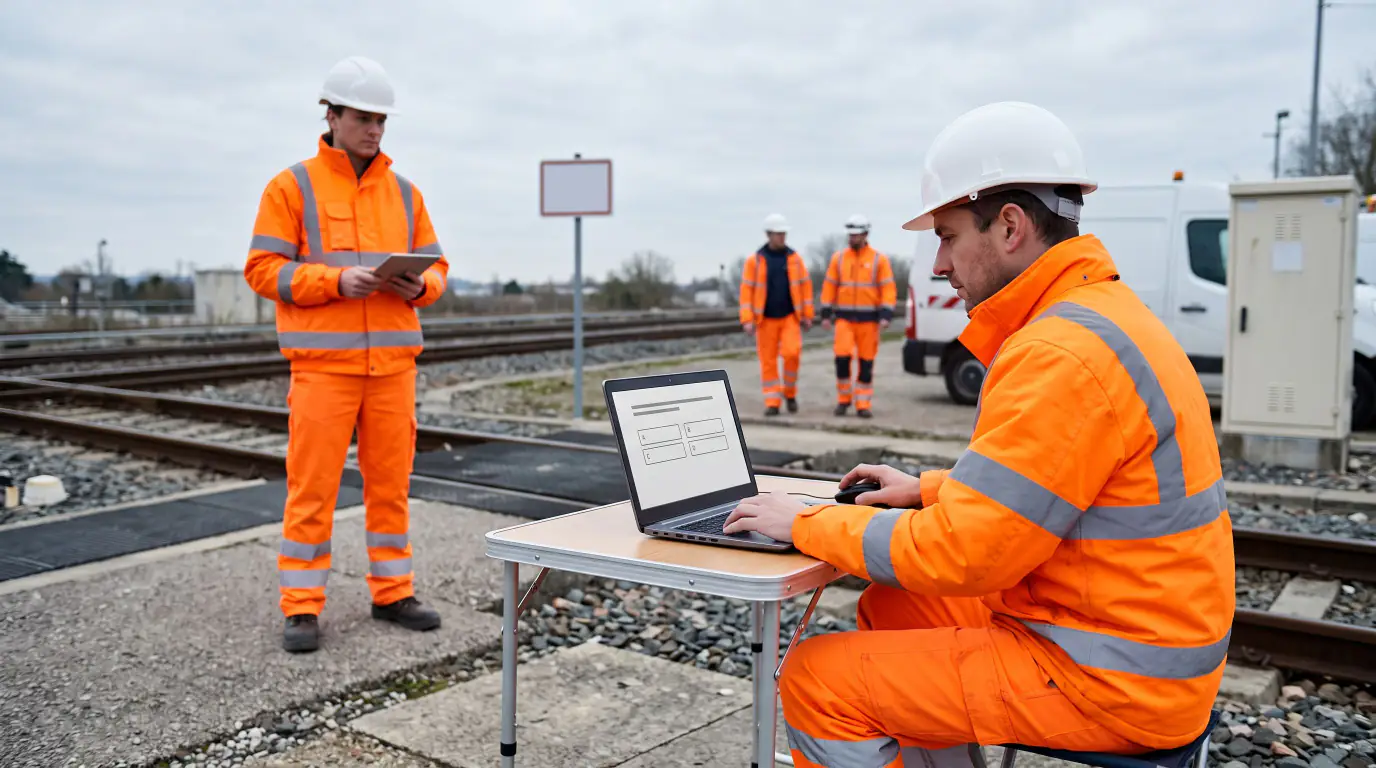 Des techniciens ferroviaires équipés de tenues de sécurité orange et de casques blancs effectuent des contrôles et des opérations de maintenance et de surveillance sur des voies ferrées à l'aide d'ordinateurs et de tablettes.