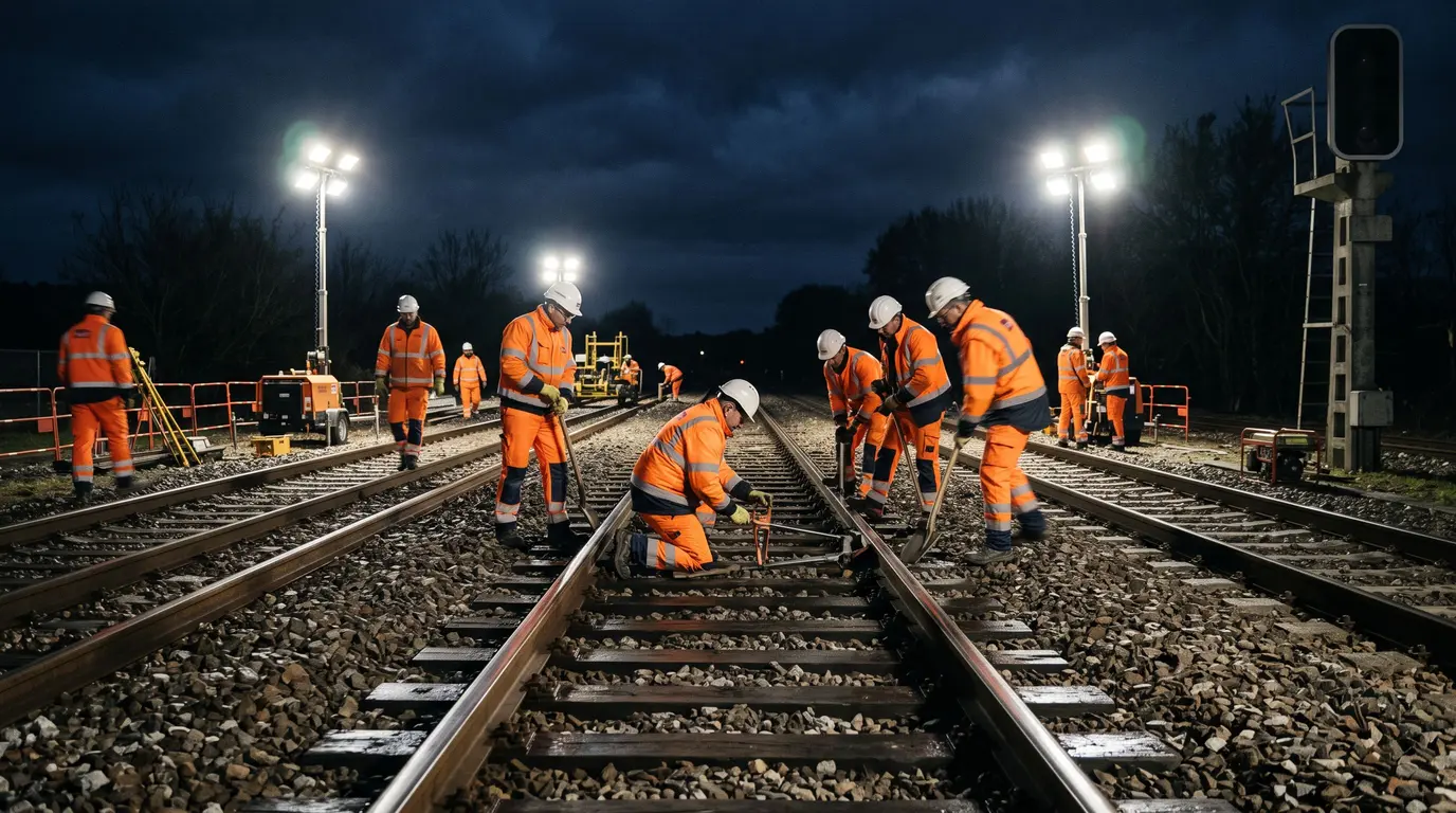 Agents en gilets orange intervenant de nuit sur la voie sous la lumière de tours d'éclairage de chantier