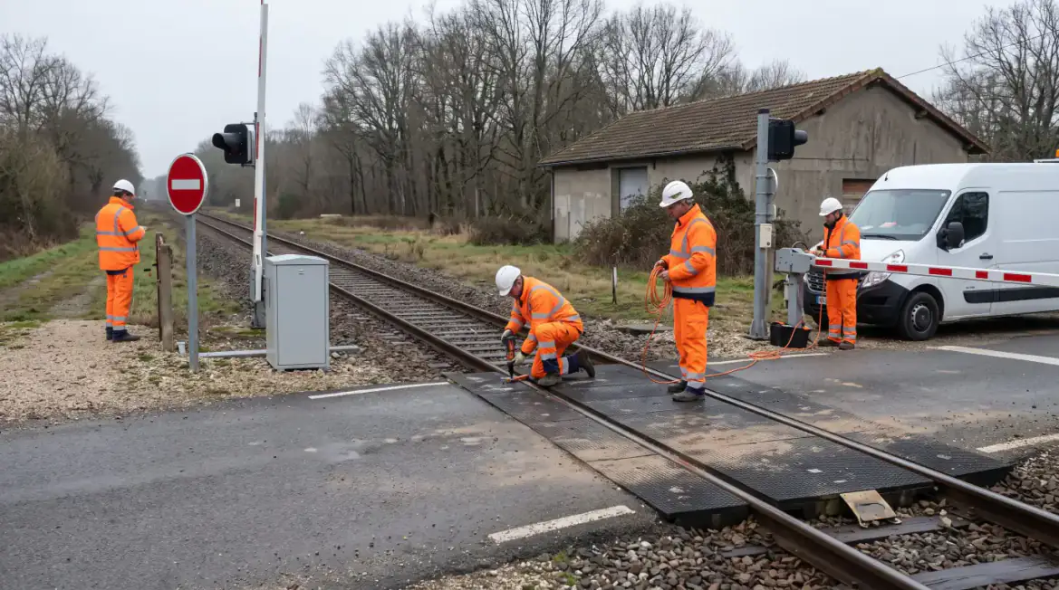 Équipe en gilets orange au bord d'un passage à niveau aux barrières baissées